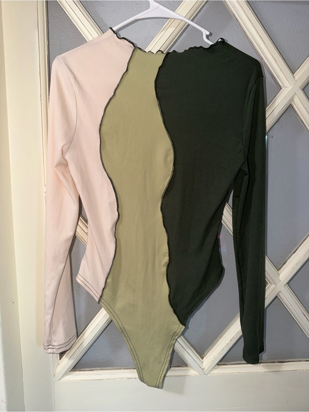 SHEIN Colorblock Long-Sleeve Ribbed Bodysuit in Pink, Olive & Black